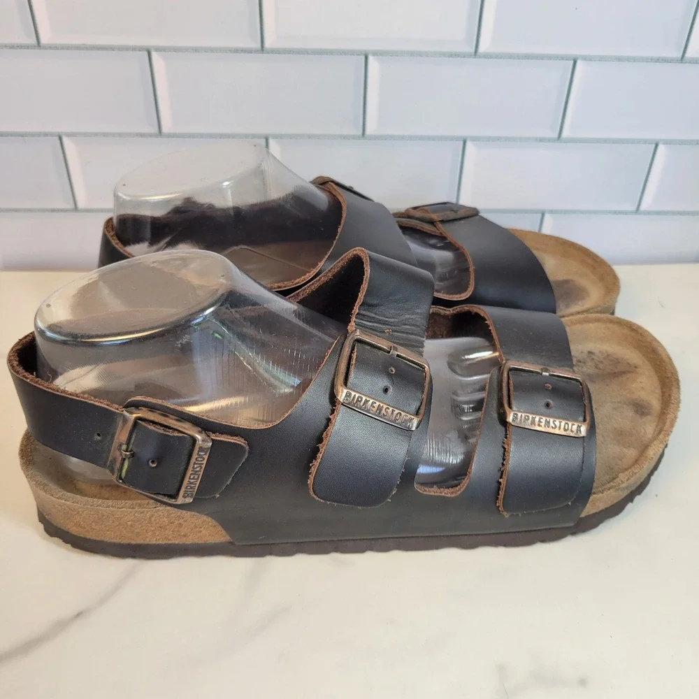 Birkenstock Milano Mens 11 Brown Black Leather Slingback Sandals 44 L13 M11